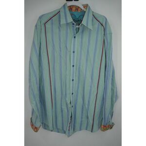 Robert Graham Shirt Mens XL Green Blue Stripe Long Sleeve Flip Cuff Button Front
